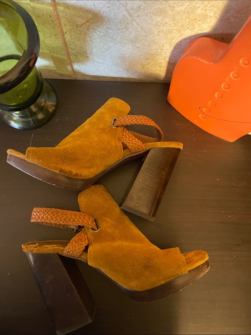 Frye Cognac Karissa Suede Braided Slingback Block Heel Sandals 7M
